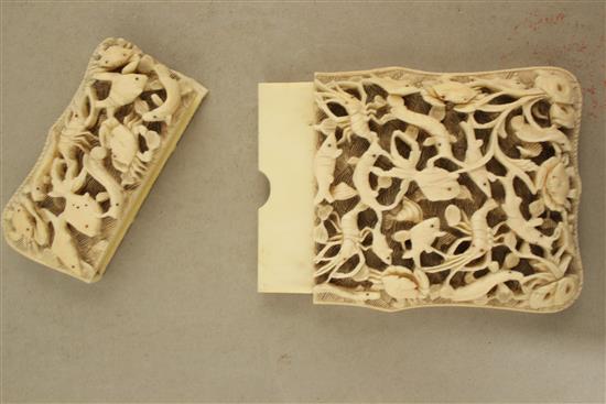 An unusual Chinese export ivory card case, 19th century, 11.5cm., part of cover lacking